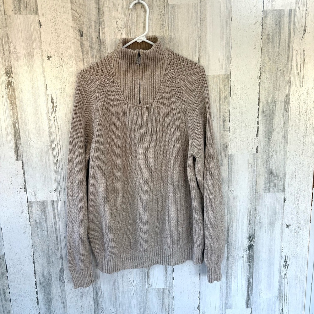 Eddie Bauer Men’s 100% Cotton 1/4 Zip Pullover Sweater In Tan Knit Pattern